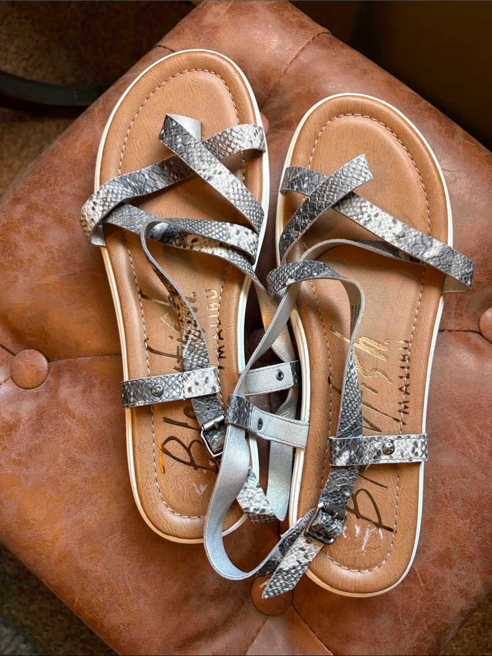 Metallic Snake-Print Strappy Sandals — Silver